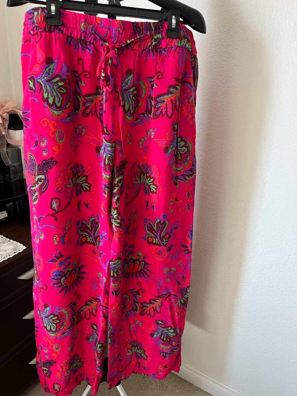 Wide Leg Drawstring Pants in Bright Pink Floral